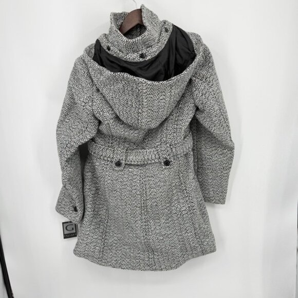 NWT Gallery tweed Hooded Wool-Blend Walker Coat black white print sz L - Picture 6 of 10